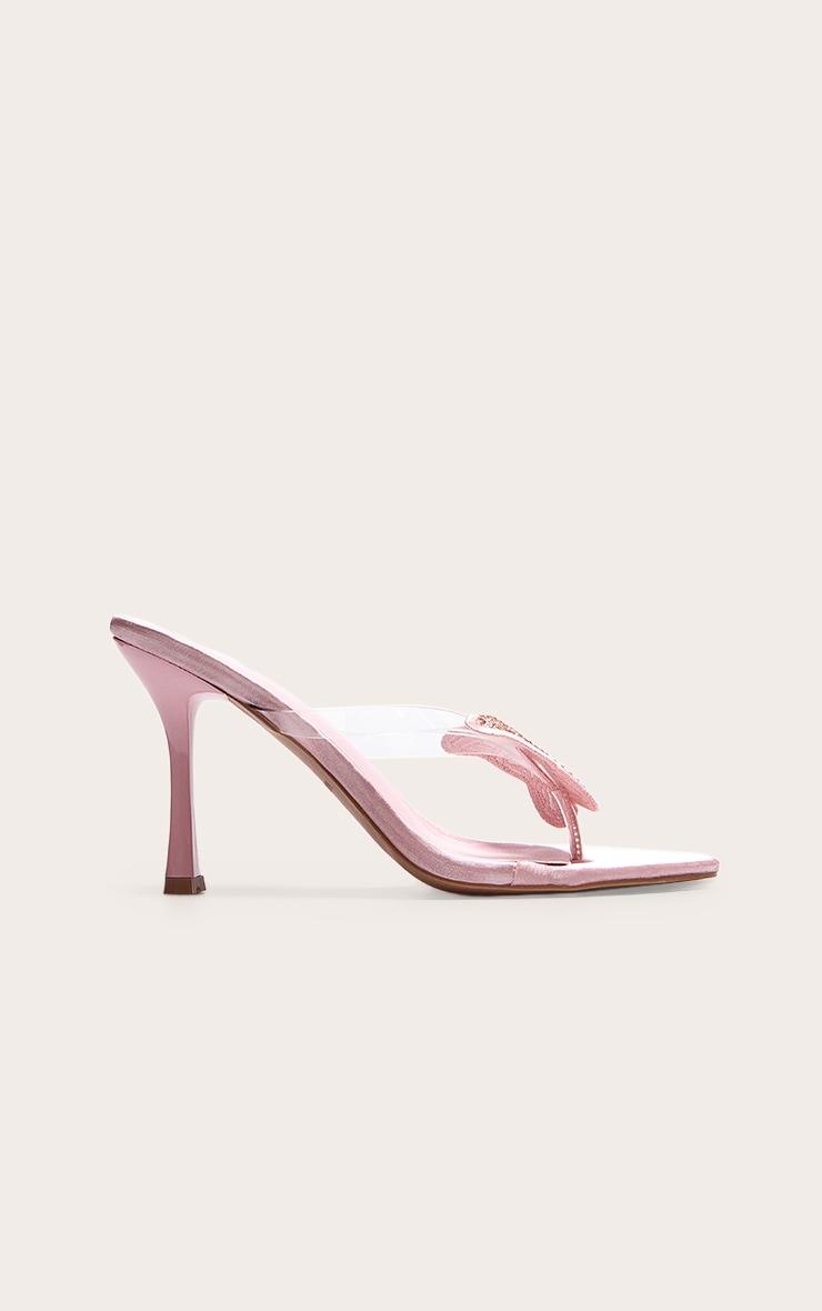Pink Satin Round Toe Thong Diamante Butterfly Heeled Mules Product Image