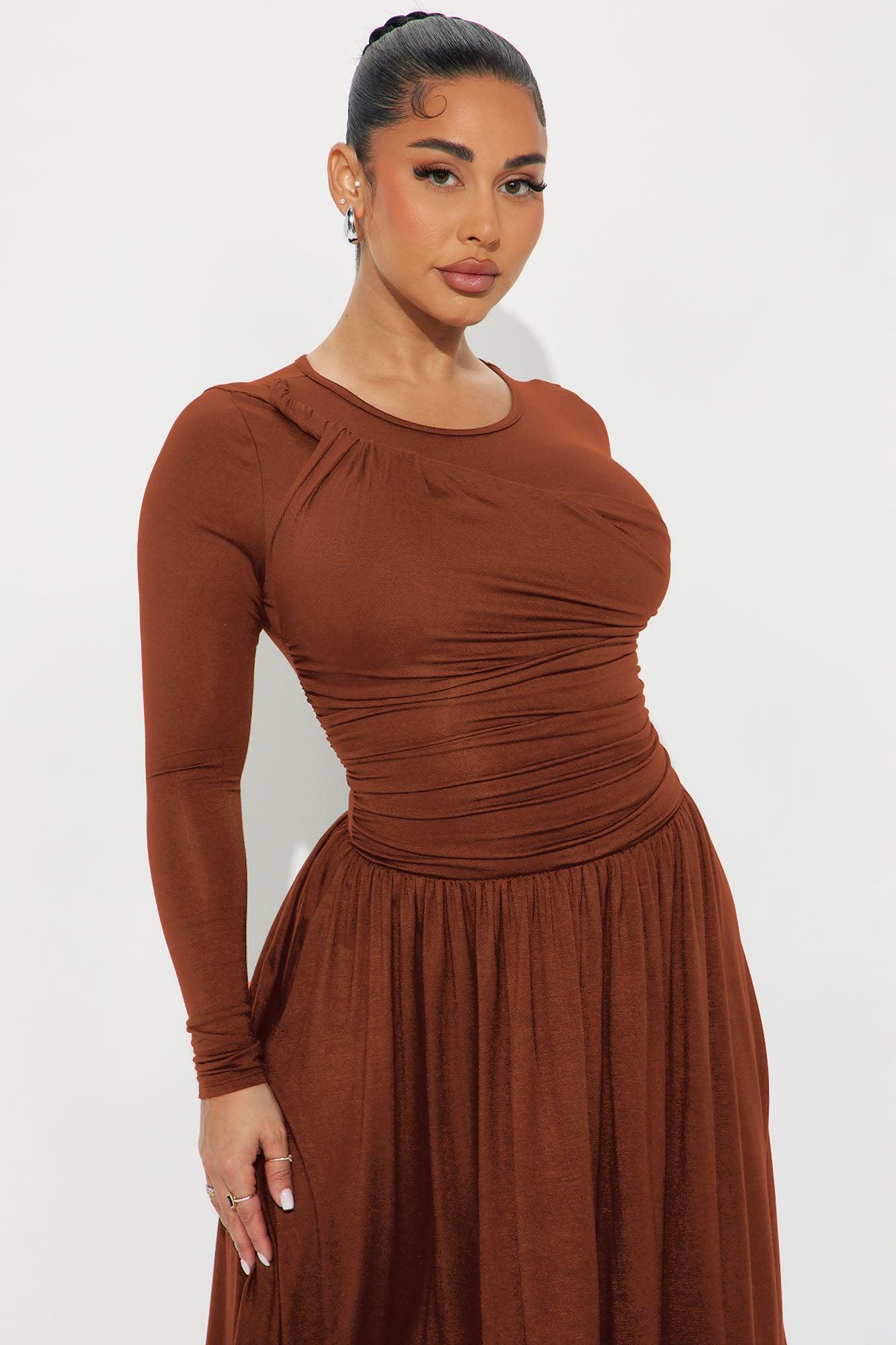 Mona Ruched Midi Dress - Chocolate Product Image