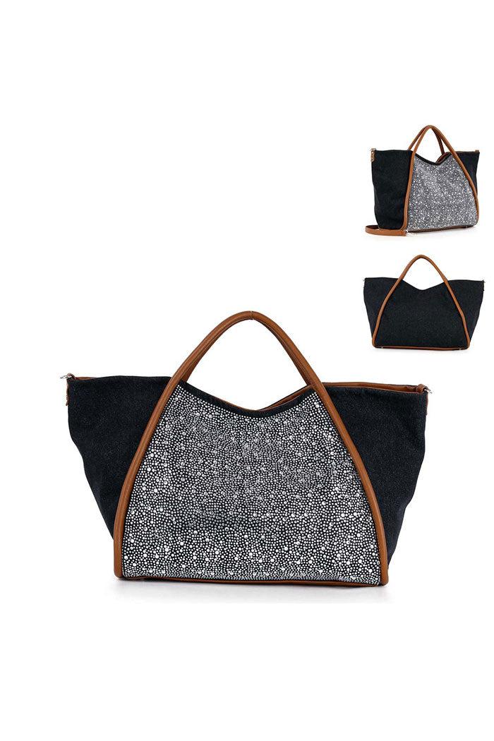 RHINESTONE STUDDED DENIM TOP ZIPPER BAG Product Image