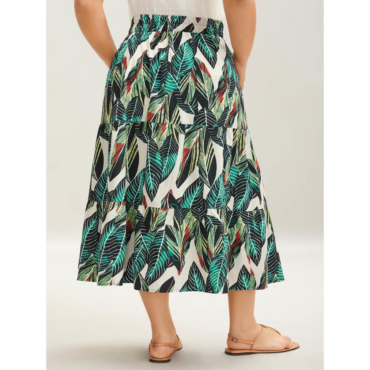 Plus Size Tropical Floral Pattern Tiered Midi Skirt Women Emerald Elegant Bodycon Low stretch Side seam pocket Belt Everyday Skirts BloomChic 26/4X Product Image