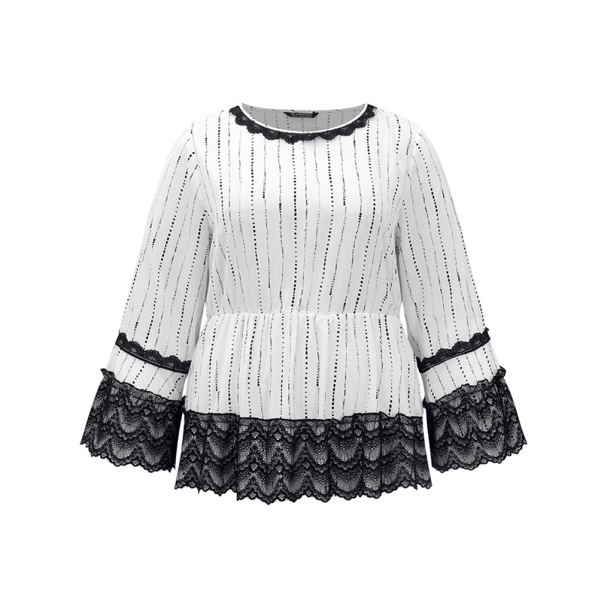 Plus Size White Dot Striped Contrast Lace Elastic Waist Blouse Women Elegant Long Sleeve Round Neck Dailywear Blouses BloomChic 26/4X Product Image