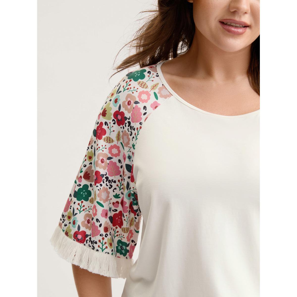 Plus Size Floral Raglan Sleeve Tassels T-Shirt Originalwhite Women Round Neck Everyday-Casual T-shirts BloomChic 14-16/1X Product Image