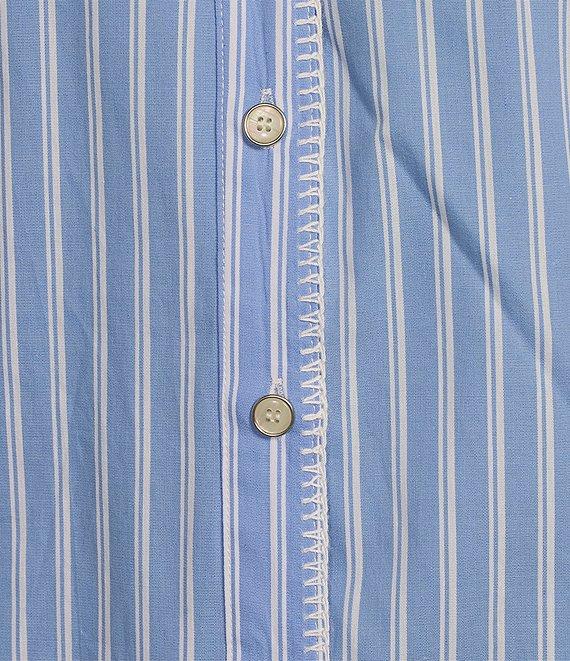 Calessa Embroidered Stripe Split V-Neck 3/4 Sleeve Button Front Shirt Product Image