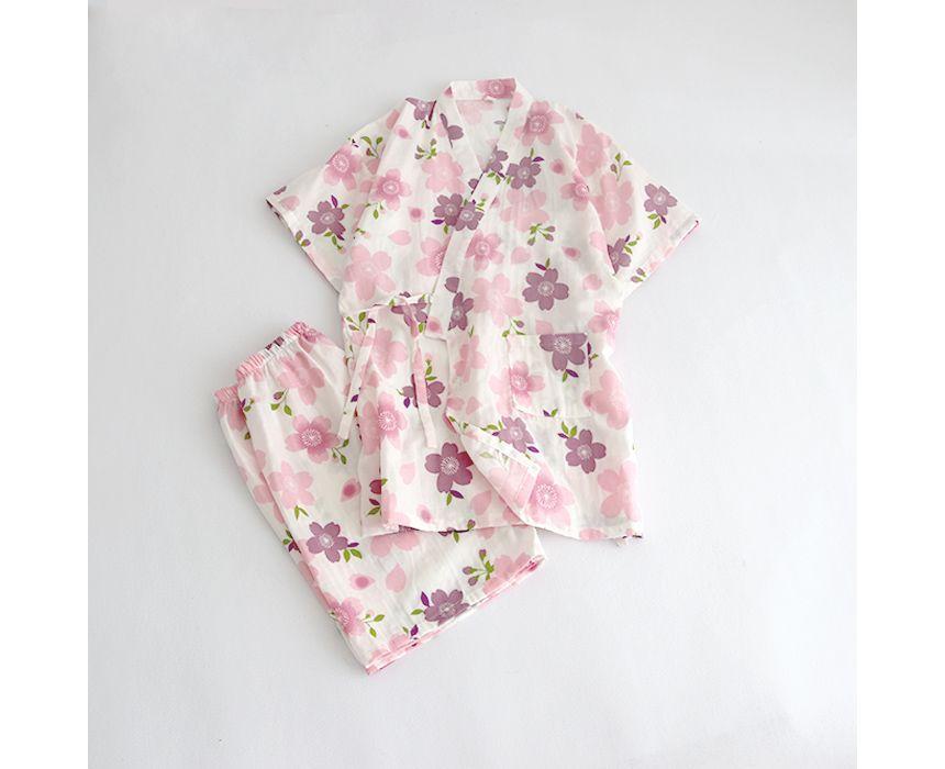 Pajama Set: Elbow-Sleeve Print Kimono Top + Lounge Shorts Product Image