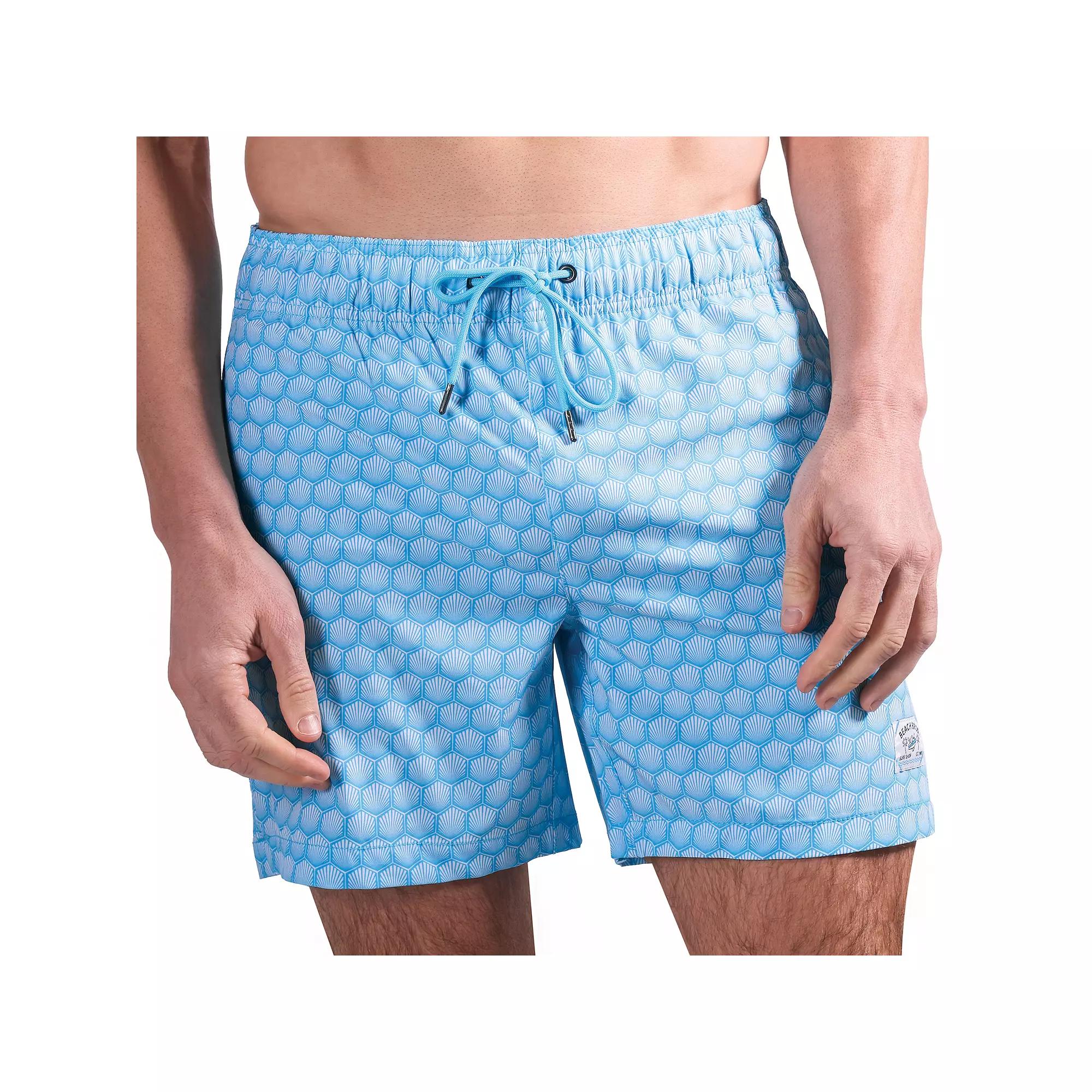 Men's Beach Bros 6.5-Inch Blue Shell Print 4-Way Stretch Mesh Lined Swim Trunks, Size: Small Product Image