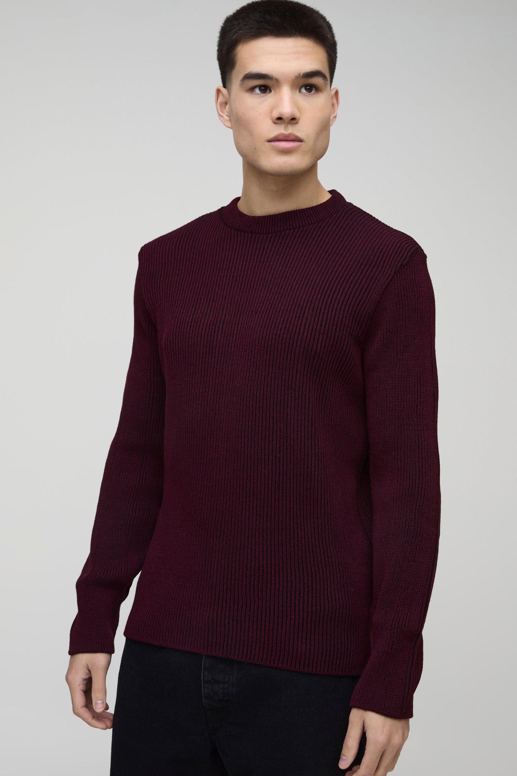 Regular Crew Neck Plated Ribbed Knit Sweater | boohooMAN USA Product Image