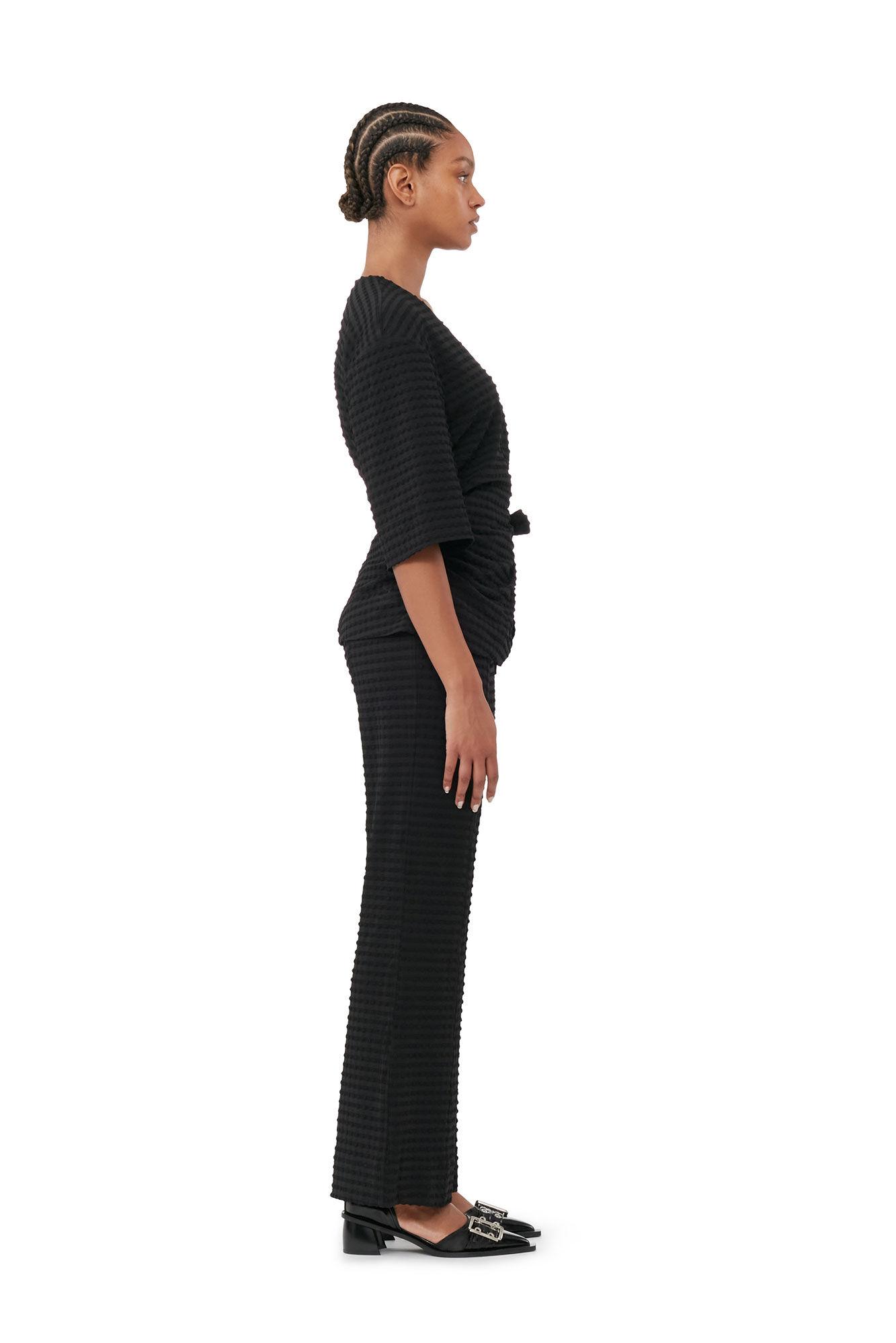 Black Stretch Seersucker Wrap Blouse Product Image