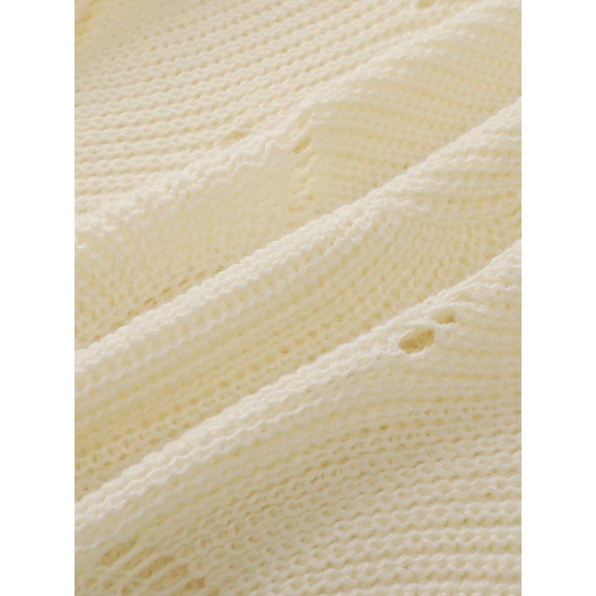 Plus Size Hollow Out Asymmetrical Hem Pullover Apricot Women Casual Loose Long Sleeve V-neck Dailywear Pullovers BloomChic 18-20/2X Product Image