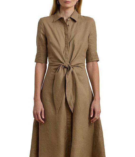 Lauren Ralph Lauren Linen Point Collar Elbow Sleeve Tie Waist Shirt Dress Product Image