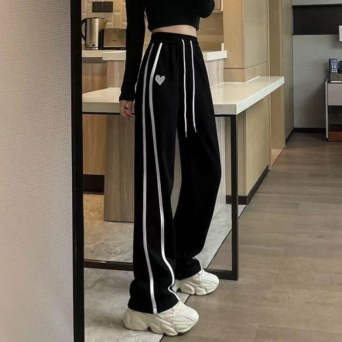 High Waist Heart Embroidered Striped Straight-Fit Wide-Leg Sweatpants Product Image