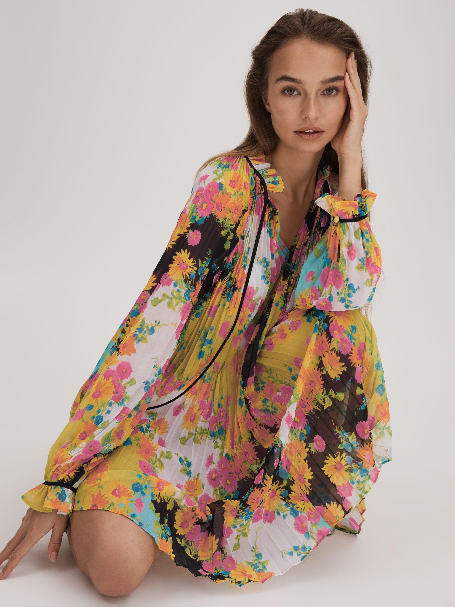 Florere Pleated Tie Neck Mini Dress in Multi Product Image