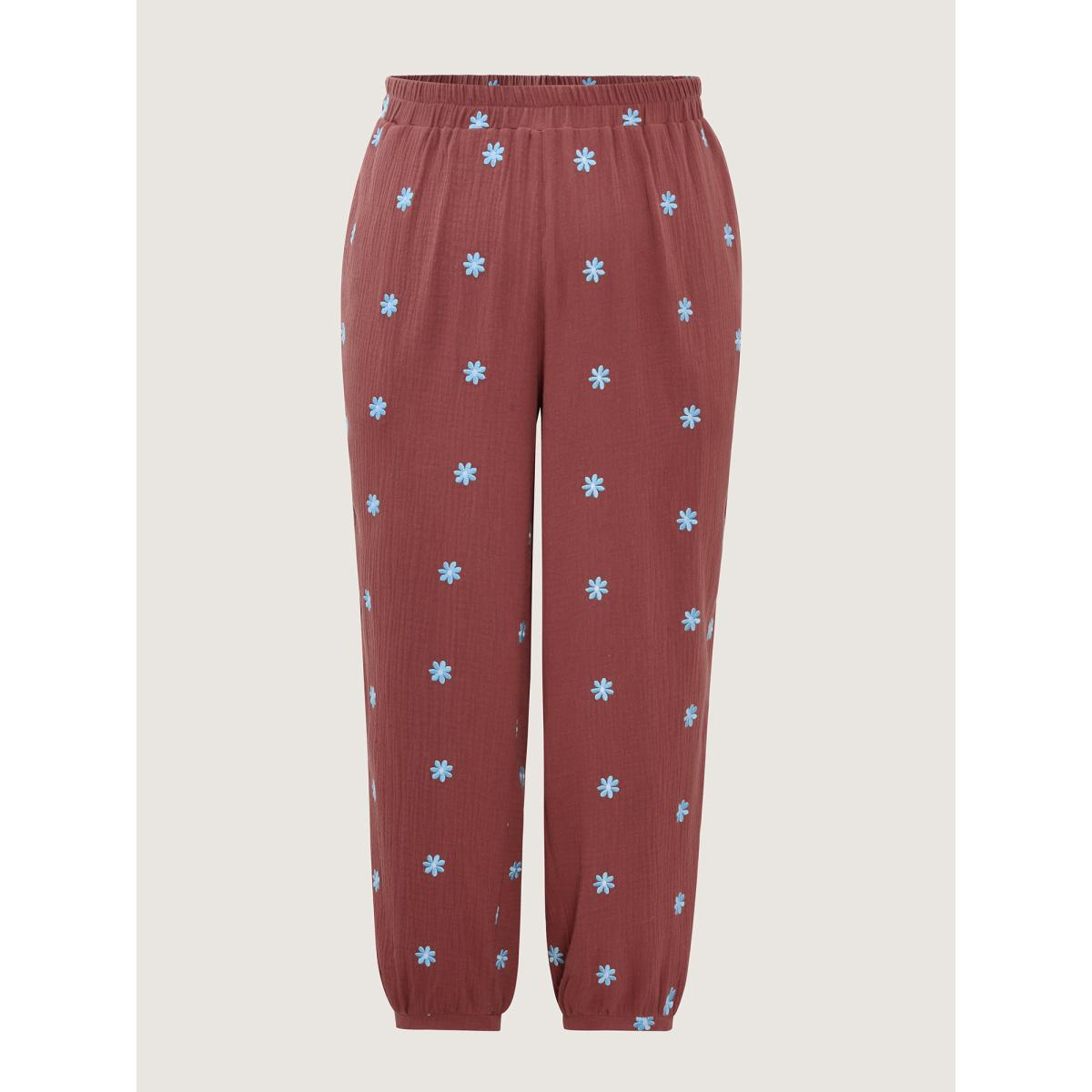 Plus Size Supersoft Floral Embroidered Pants Women Rust Playful Jogger Mid Rise Casual Pants BloomChic 26/4X Product Image