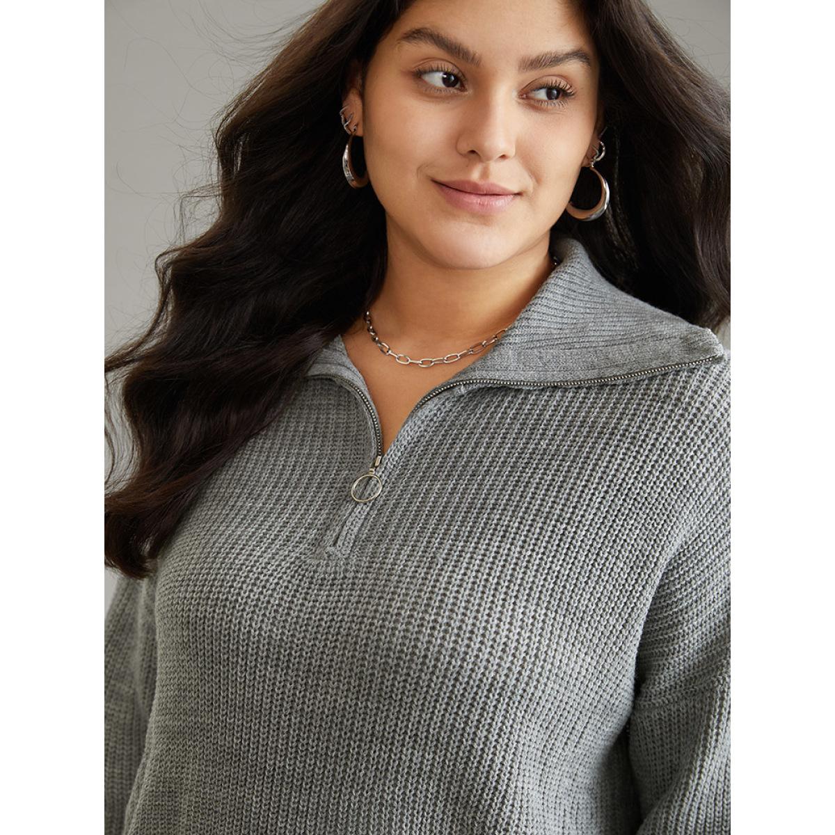 Plus Size Solid Knit O Ring Half Zip Pullover DarkGray Women Casual Loose Long Sleeve Polo Dailywear Pullovers BloomChic 26/4X Product Image