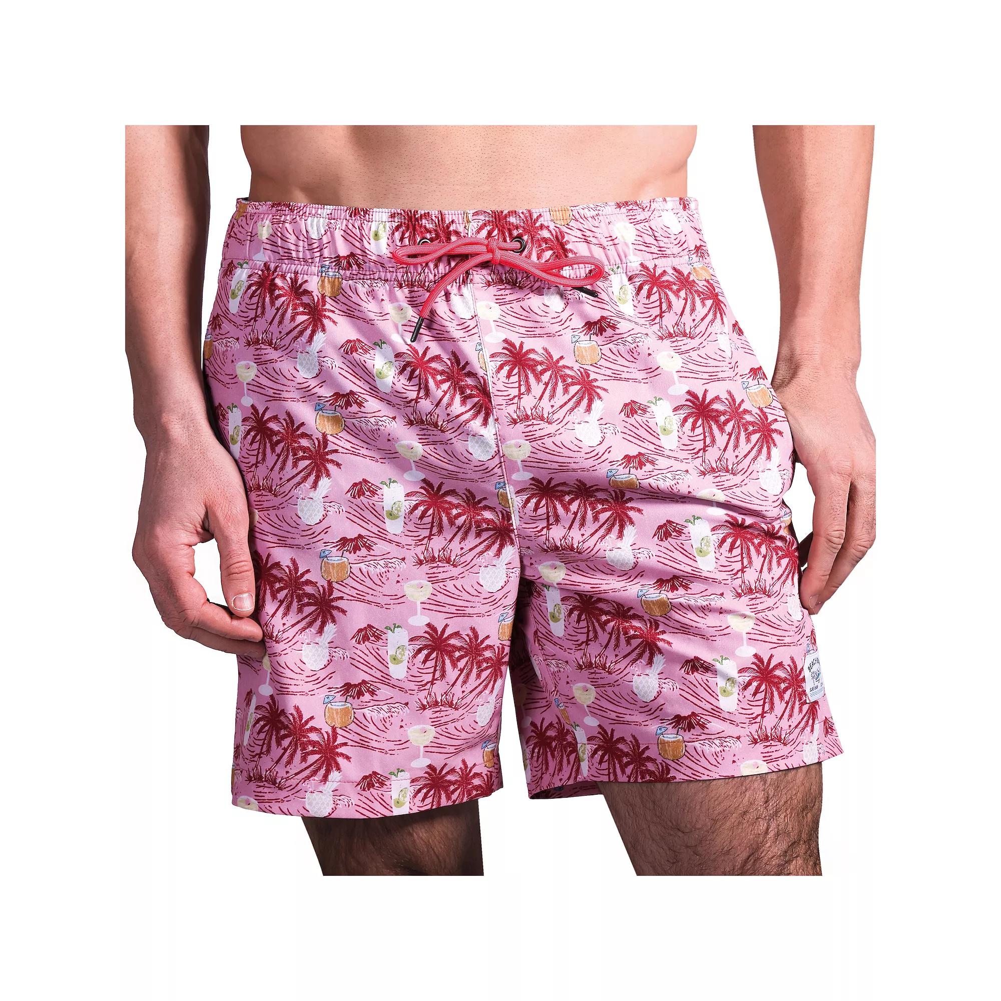 Men's Beach Bros 6.5-Inch Pink Tropical Print 4-Way Stretch Mesh Lined Swim Trunks, Size: Large Product Image