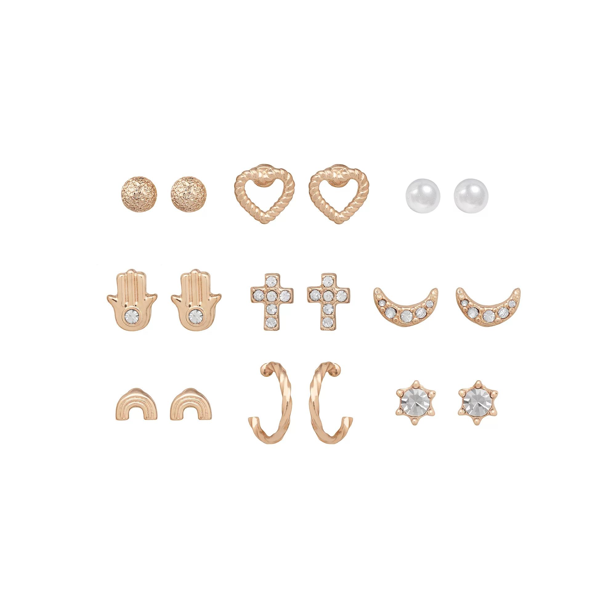 LC Lauren Conrad Rose Gold Tone Crystal & Simulated Pearl Spiritual Earrings 9-pack Set, Women's, White Product Image