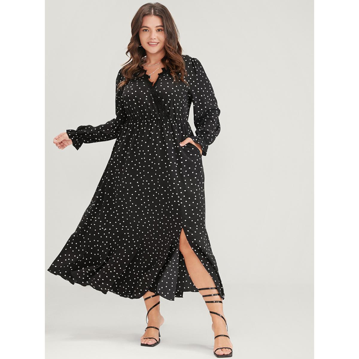 Plus Size Polka Dot Pocket Contrast Lace Split Hem Dress Black Women Elegant Patchwork V-neck Long Sleeve Curvy Long Dress BloomChic 10/M Product Image