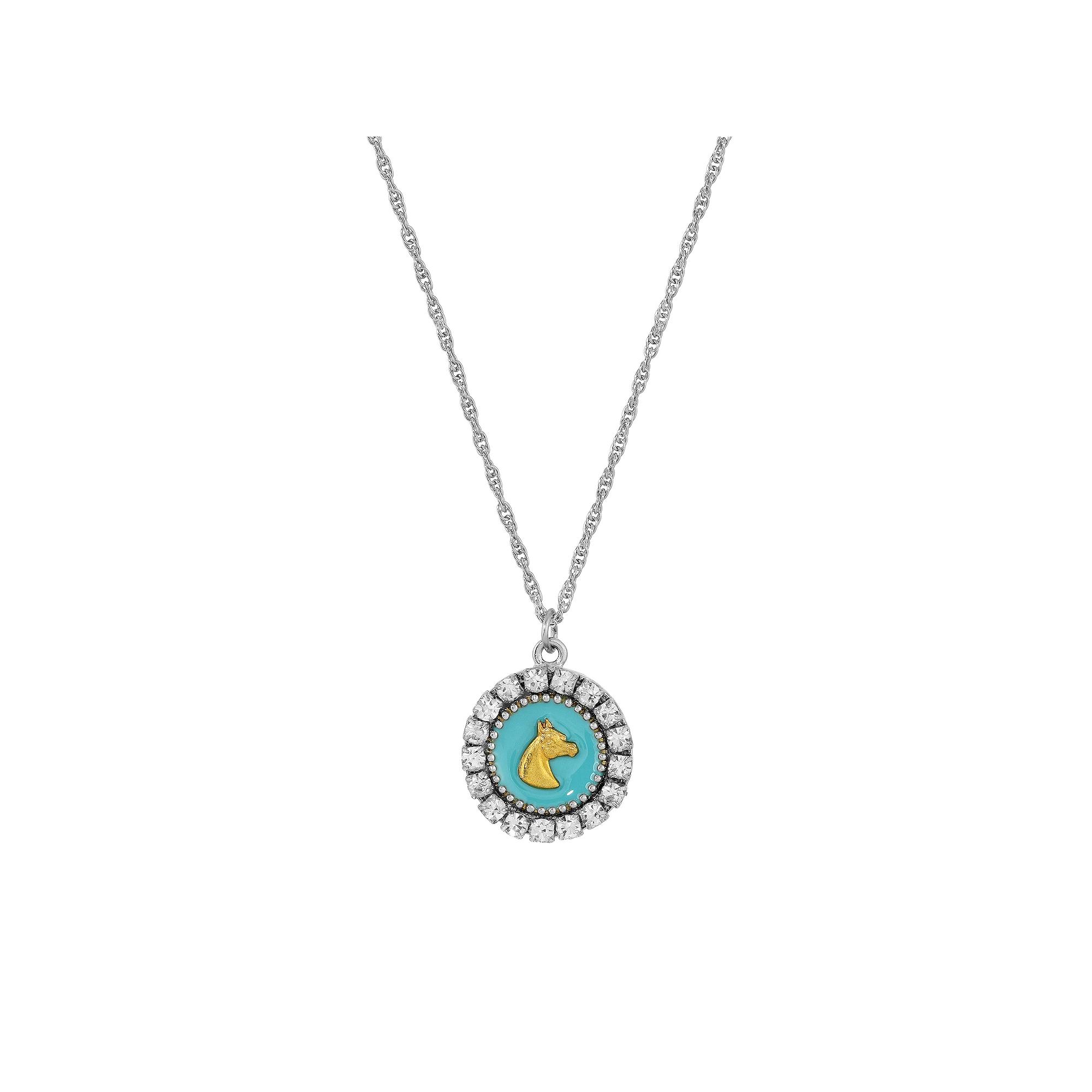 1928 Silver Tone Crystal Aqua Enamel Horse Head Necklace, Womens, Turquoise Product Image