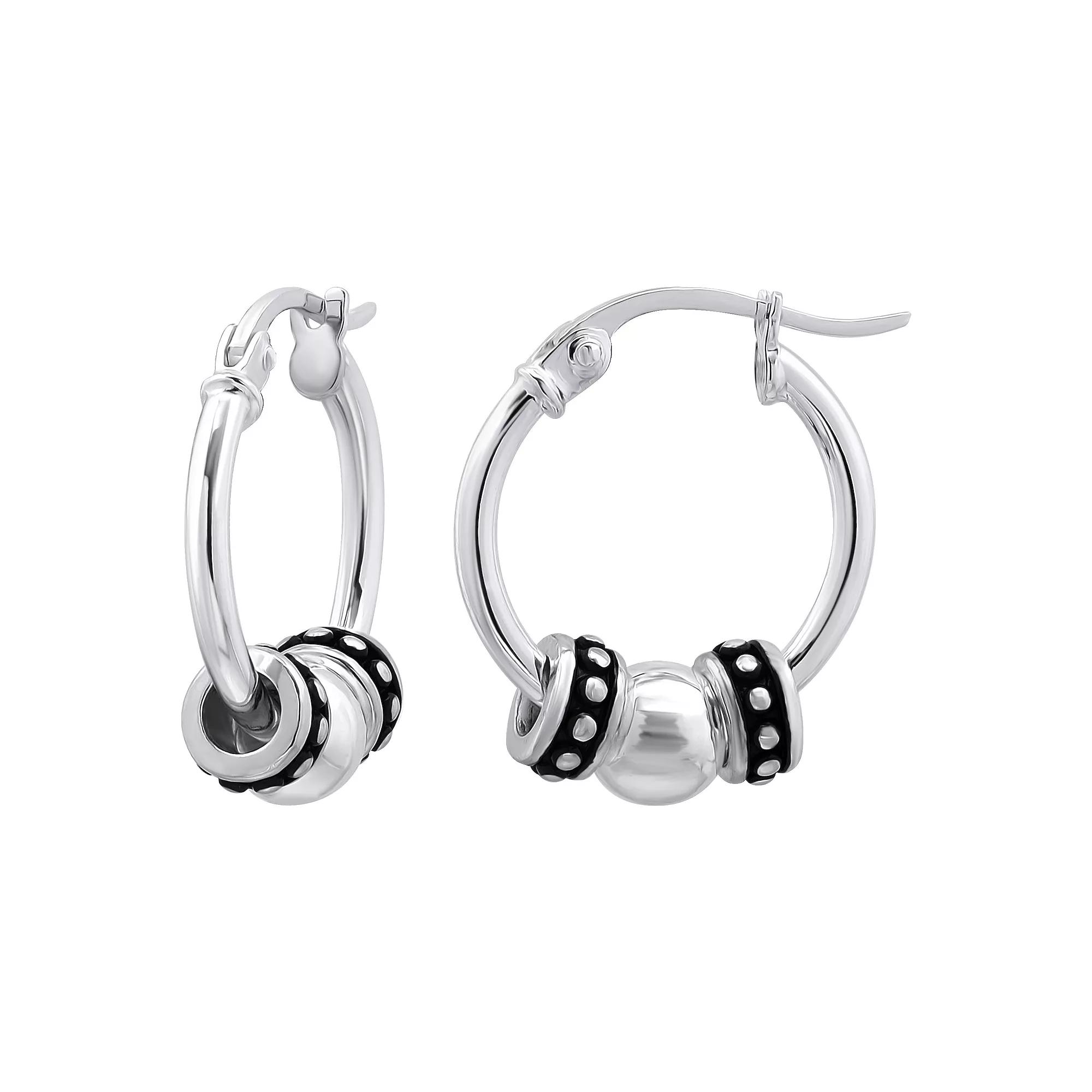 Aleure Precioso Sterling Silver Round Polished & Beaded Click-Top Hoop Earrings, Women's Product Image