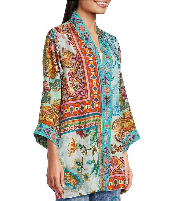 JOHNNY WAS Silk Filaree Gillian Mix Reversible Print Coordinating Open Front 3/4 Sleeve Kimono Product Image