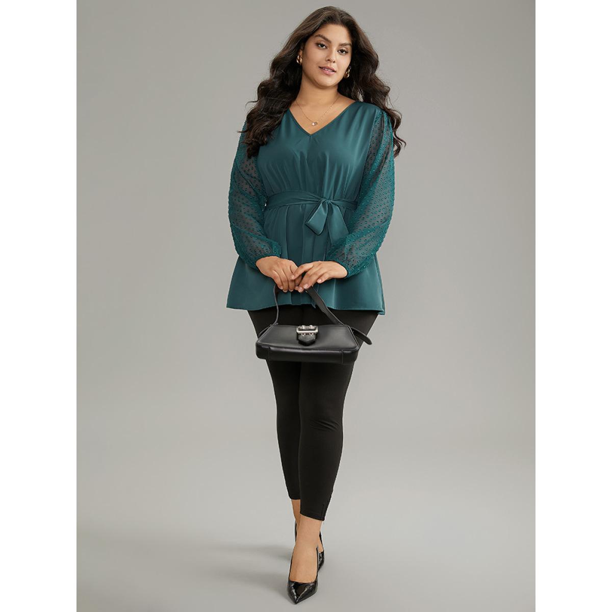 Plus Size Arctic Static-Free Plain Patchwork Mesh Texture Ties Blouse Women Office Long Sleeve V-neck Office Blouses BloomChic 28/5X Product Image