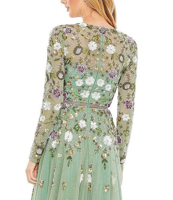 Mac Duggal Sequin Floral Crew Neck Long Sleeve Midi Dress Product Image