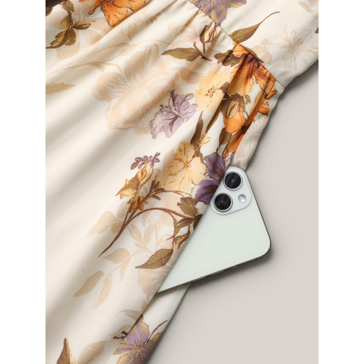 Plus Size Chiffon Floral Waist-Cinched Maxi Dress Beige Women Romantic Gathered Heart neckline Half Sleeve Curvy BloomChic 10/M Product Image