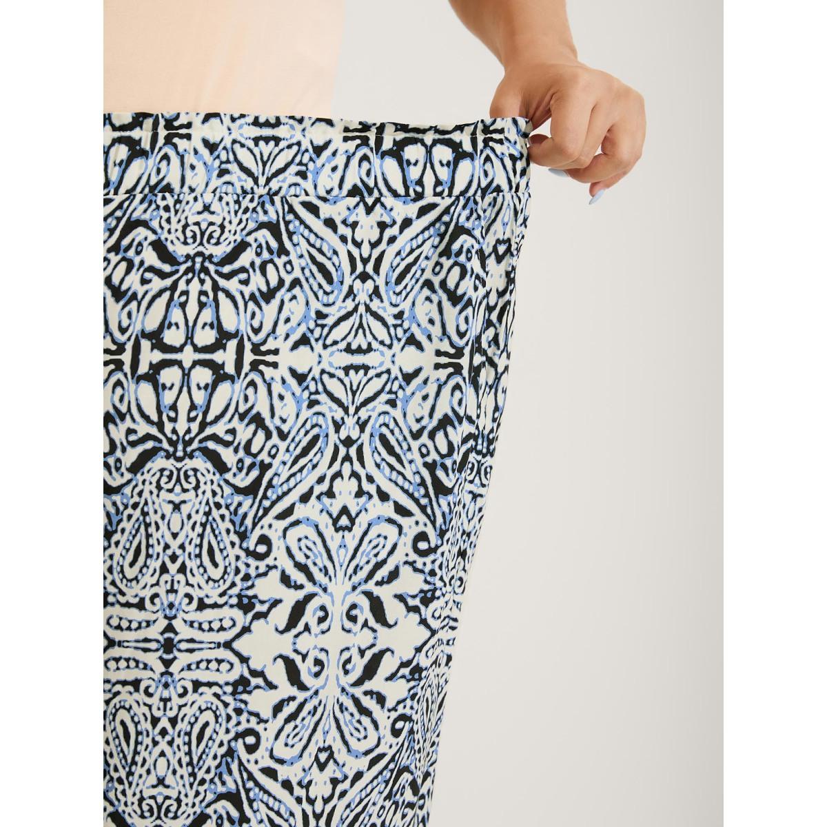 Plus Size Abstract Floral Print Shirred Wide-Leg Pants Women Indigo Resort Wide Leg Mid Rise Vacation Pants BloomChic 26/4X Product Image