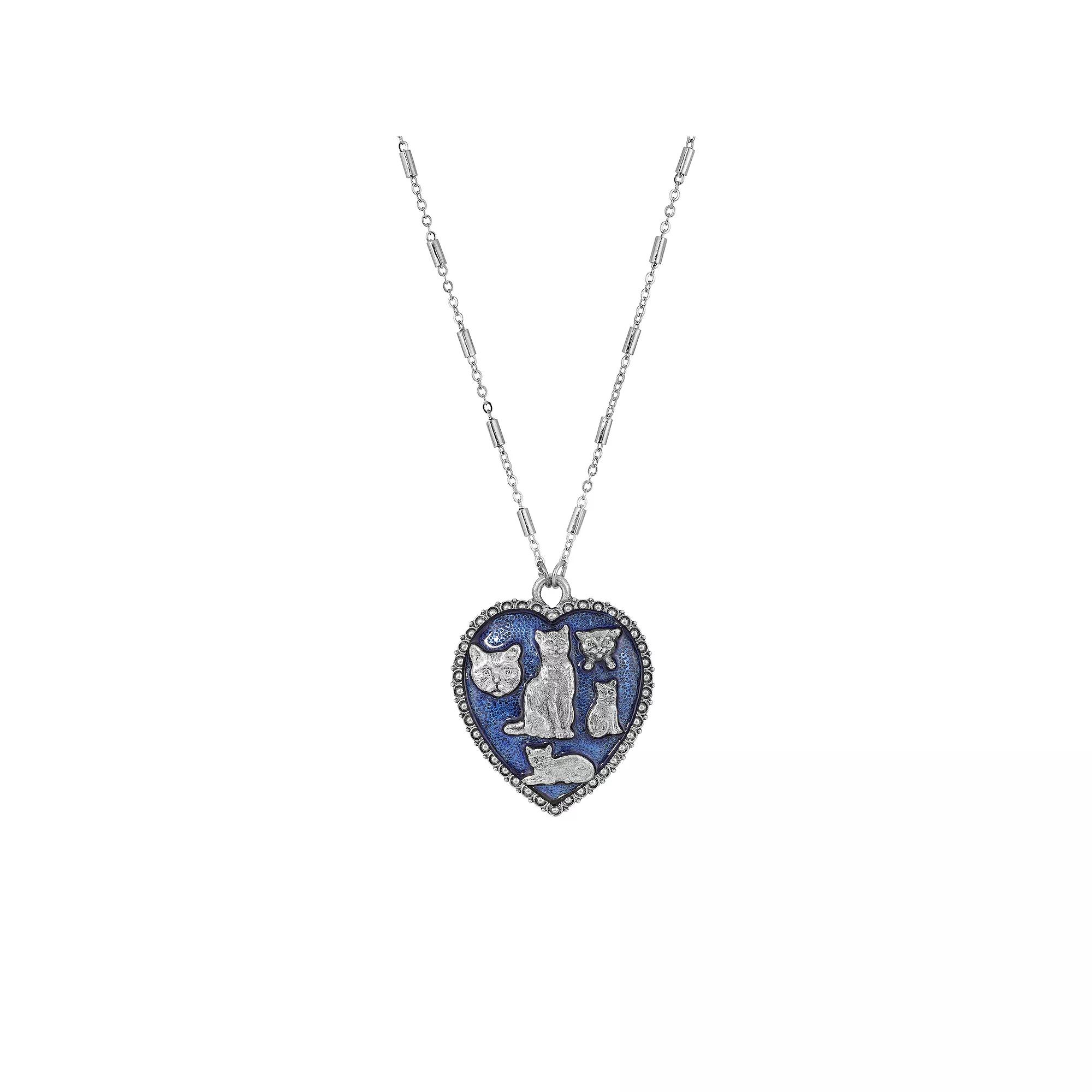 1928 Silver Tone Blue Enamel Cat Heart Pendant Necklace, Womens Product Image