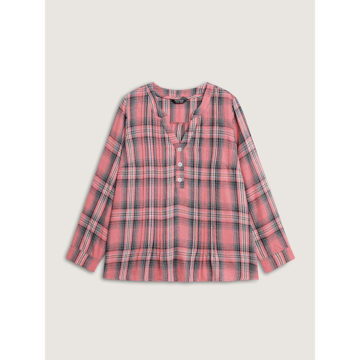 Plus Size Rouge Pretty Plaid Toothpick Pleats Blouse Women Leisure Extra Long Sleeve Flat collar with V-notch Casual Blouses BloomChic 14-16/1X Product Image
