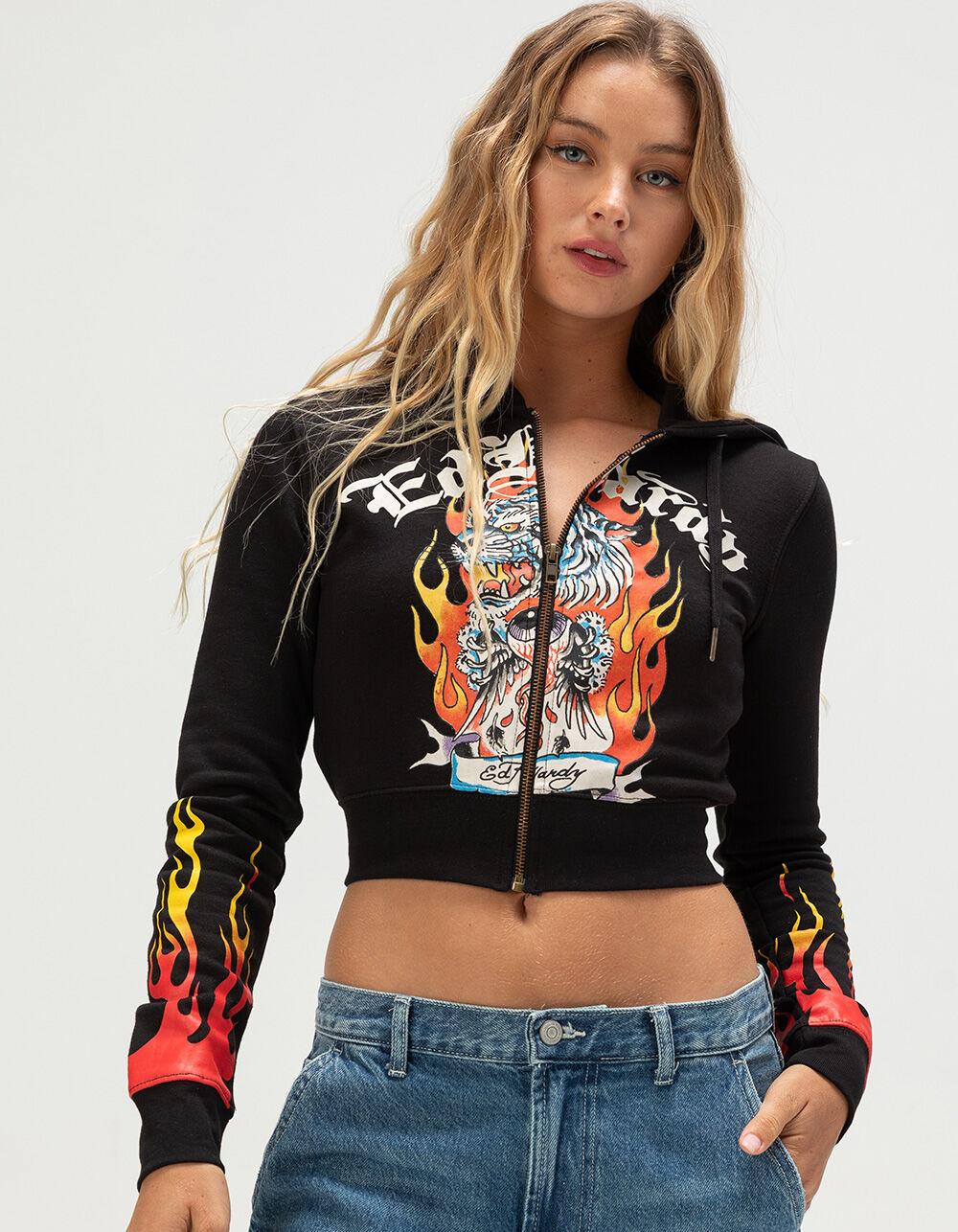 ED HARDY Tiger Flame Womens Crop Zip-Up Hoodie - BLACK Product Image
