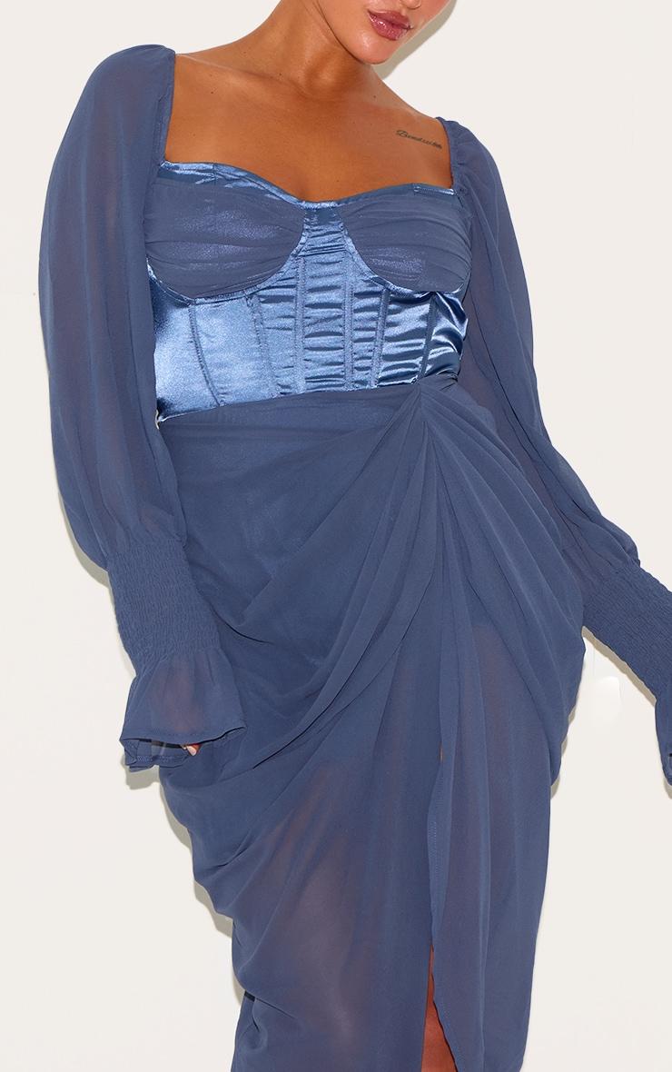 Plus Mineral Blue Satin Insert Draped Chiffon Midi Dress Product Image