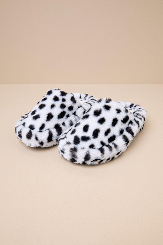 Socozee White and Black Spotted Faux Fur Flatform Slippers Product Image