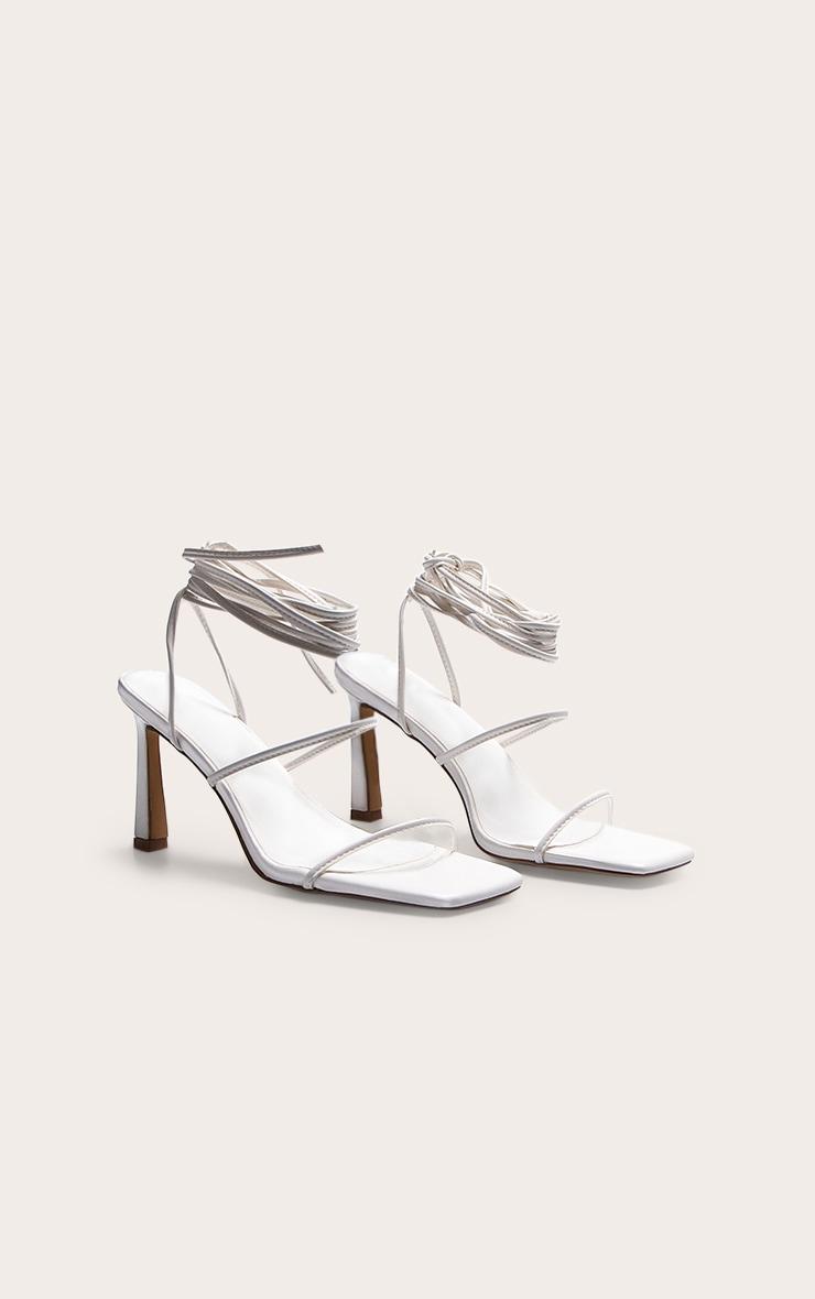 White Pu Square Toe Strappy Lace Up Mid Stiletto Heeled Sandals Product Image