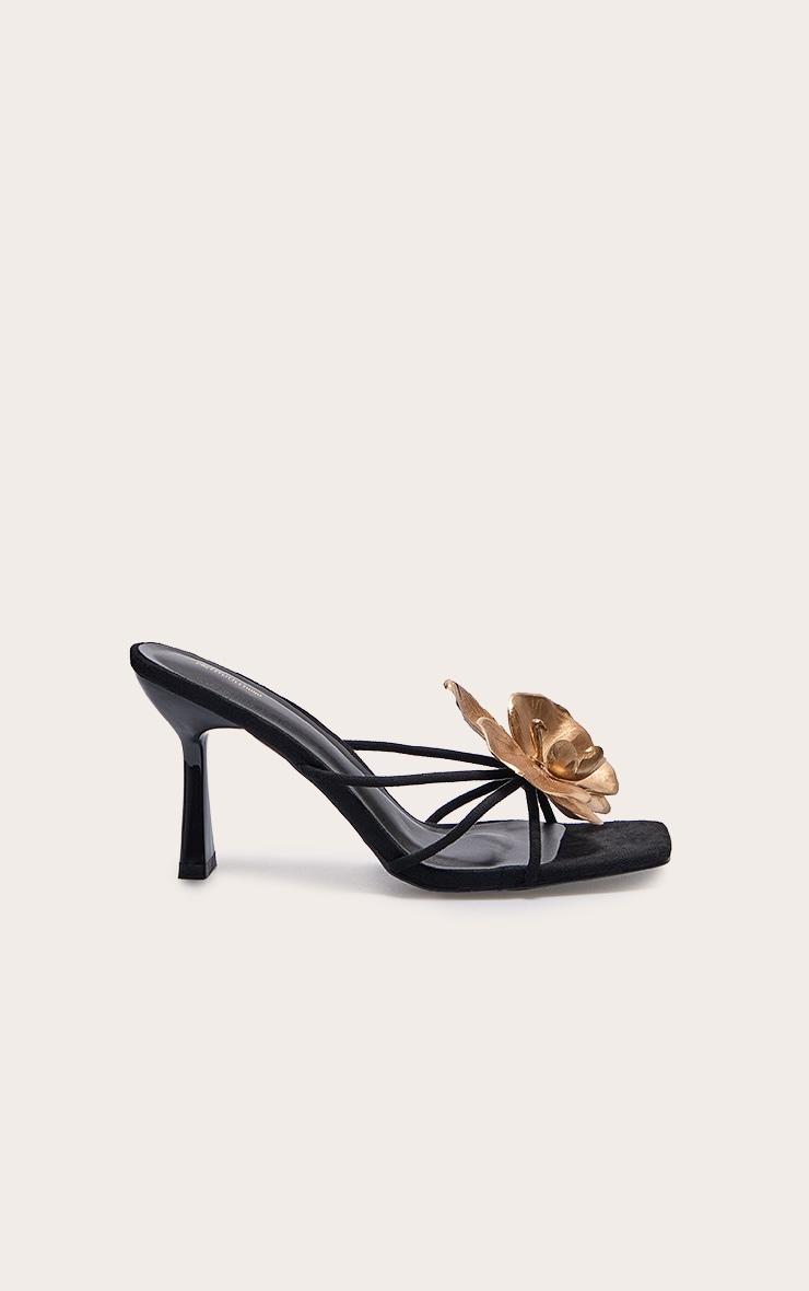 Black Faux Suede Square Toe Gold Flower Detailed Heeled Mules Product Image