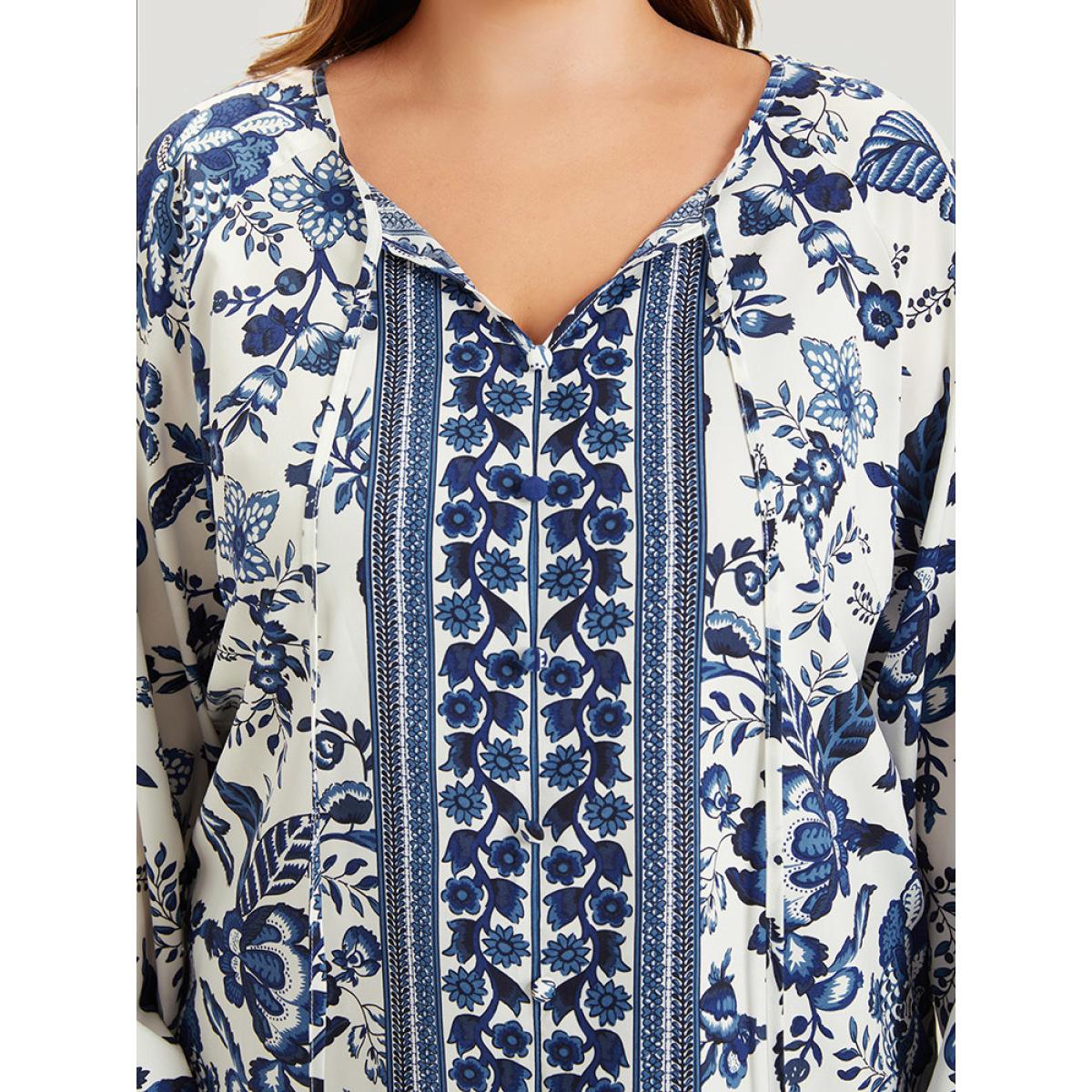Plus Size Navy Boho Print Knot Neck Lantern Sleeve Blouse Women Vacation Long Sleeve Tie Neck Dailywear Blouses BloomChic 22-24/3X Product Image