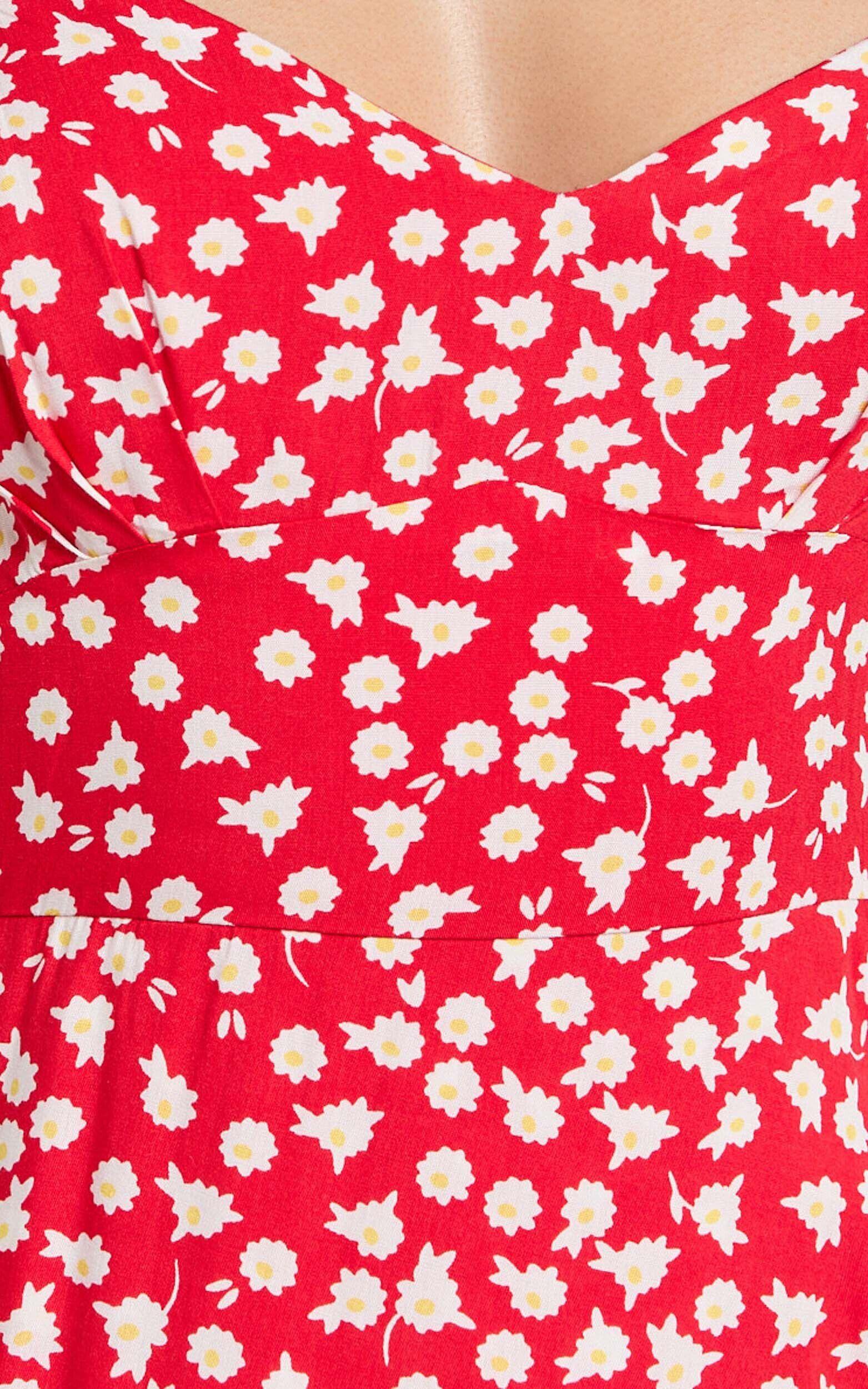 Carlyn Midi Dress - Sweetheart Puff Sleeve Wrap Dress in Red Floral Product Image