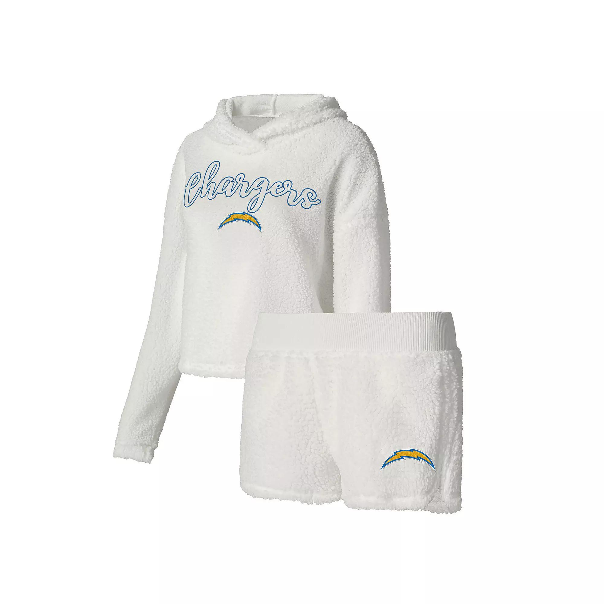 Women's Concepts Sport White Los Angeles Chargers Fluffy Pullover Sweatshirt & Shorts Sleep Set,  Product Image