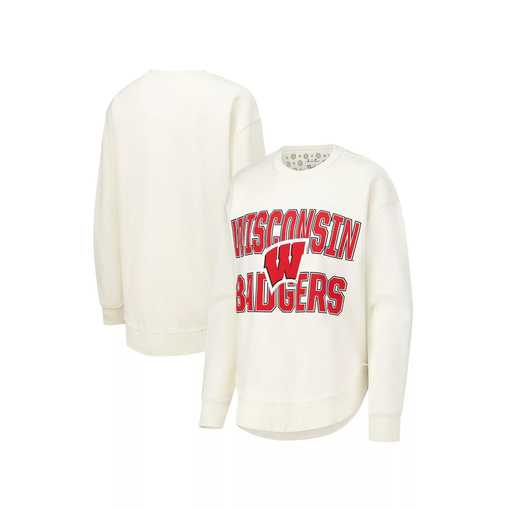 Women's Pressbox  Cream Wisconsin Badgers Poncho Fleece Crew Sweatshirt, Size: Medium, Beige Product Image