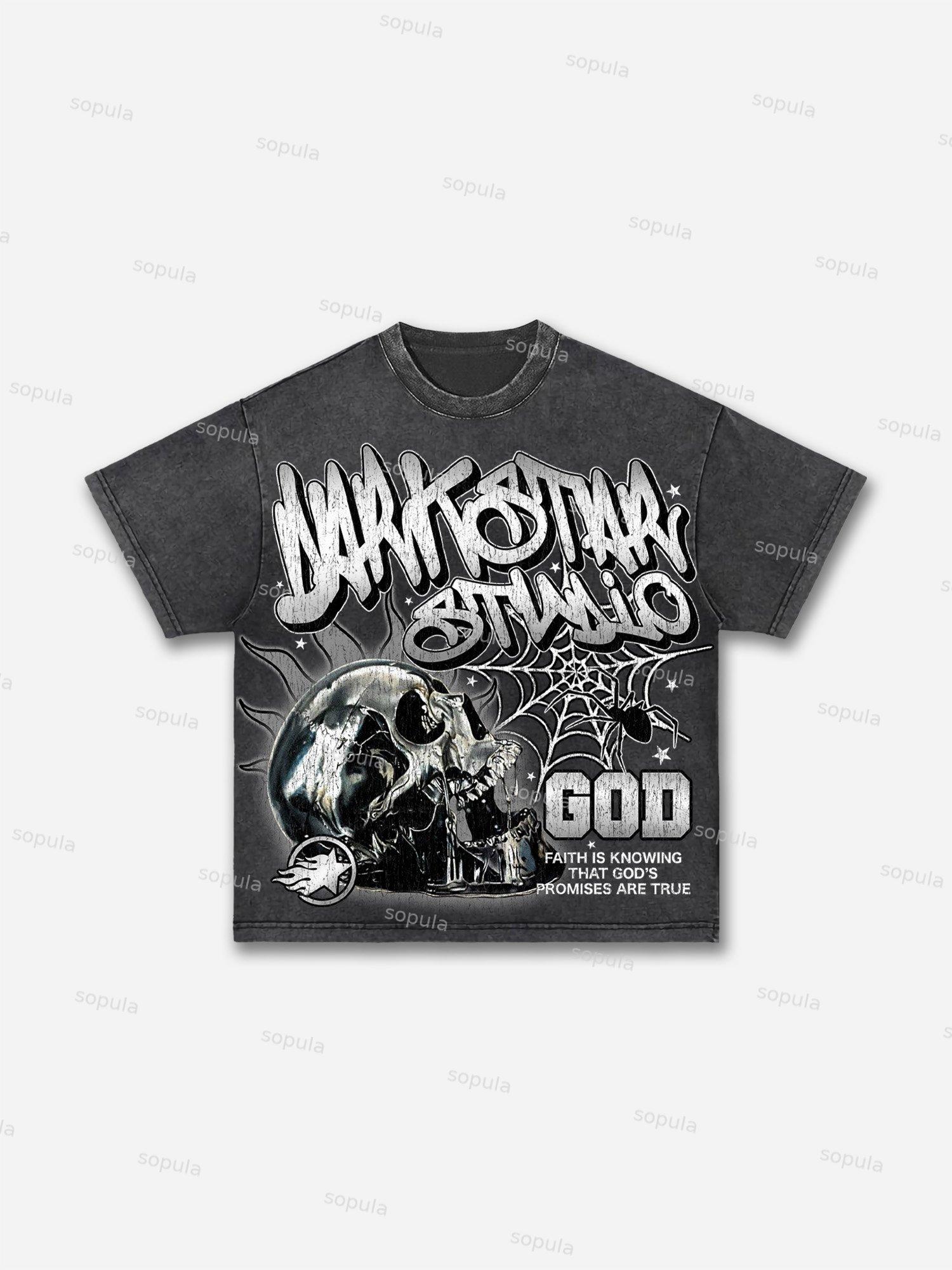 Darkstar-god's Skull Print Pattern Acid Wash T-shirt Product Image