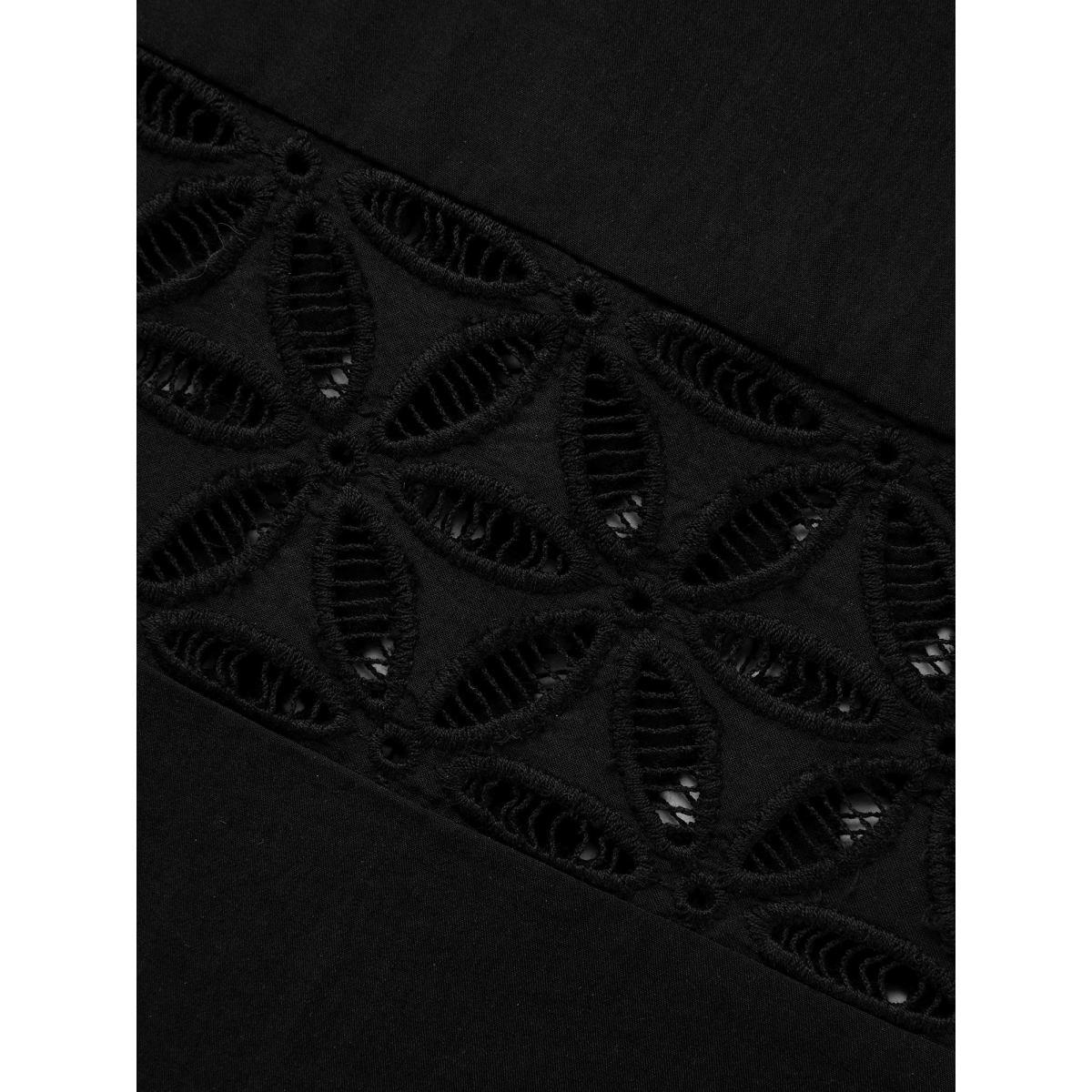 Plus Size Solid Button Up Woven Ribbon Dress Black Women At the Office Woven ribbon&lace trim Shirt collar Long Sleeve Curvy BloomChic 14-16/1X Product Image