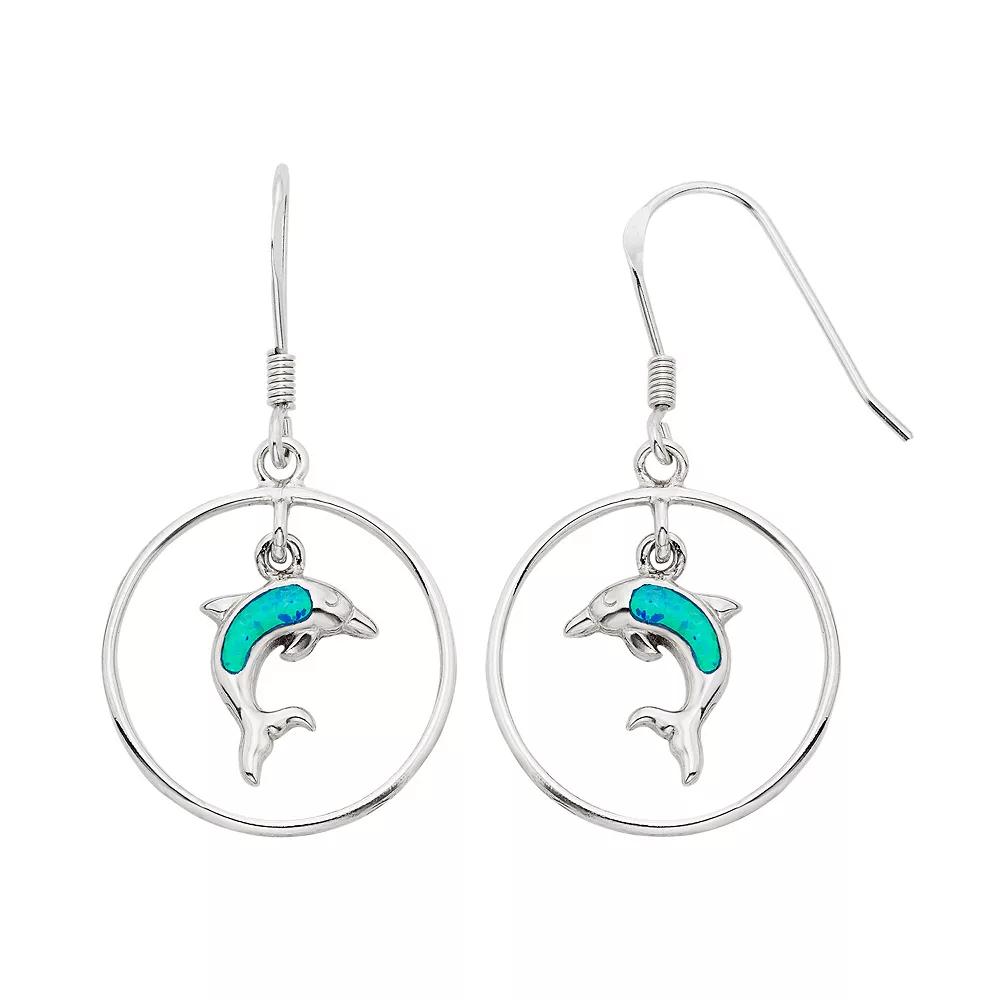 Lab-Created Blue Opal Sterling Silver Dolphin Hoop Drop Earrings, Women's Product Image