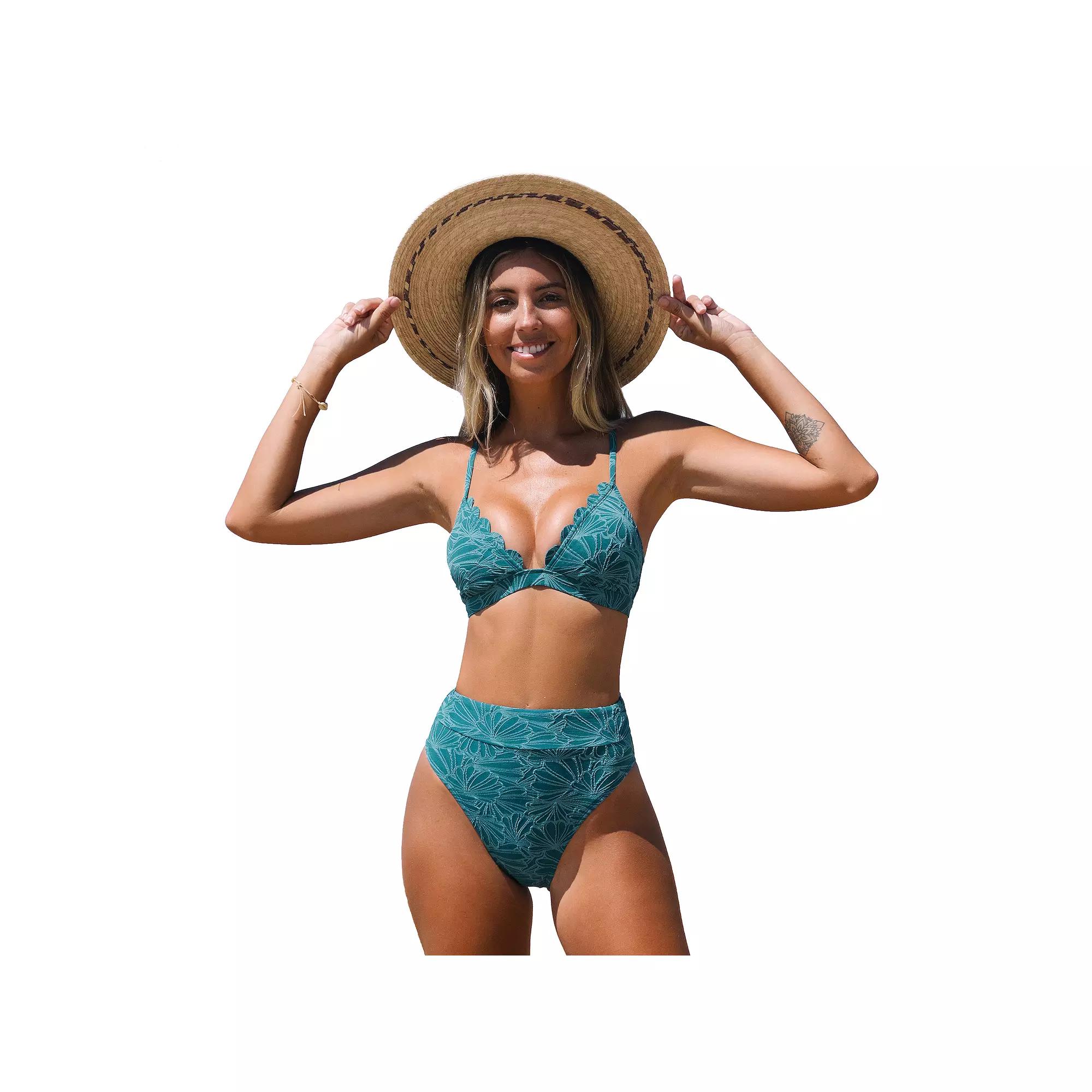 Women's Cupshe Swim Top & High-Waist Bottoms Bikini Set, Size: XL, Blue Product Image