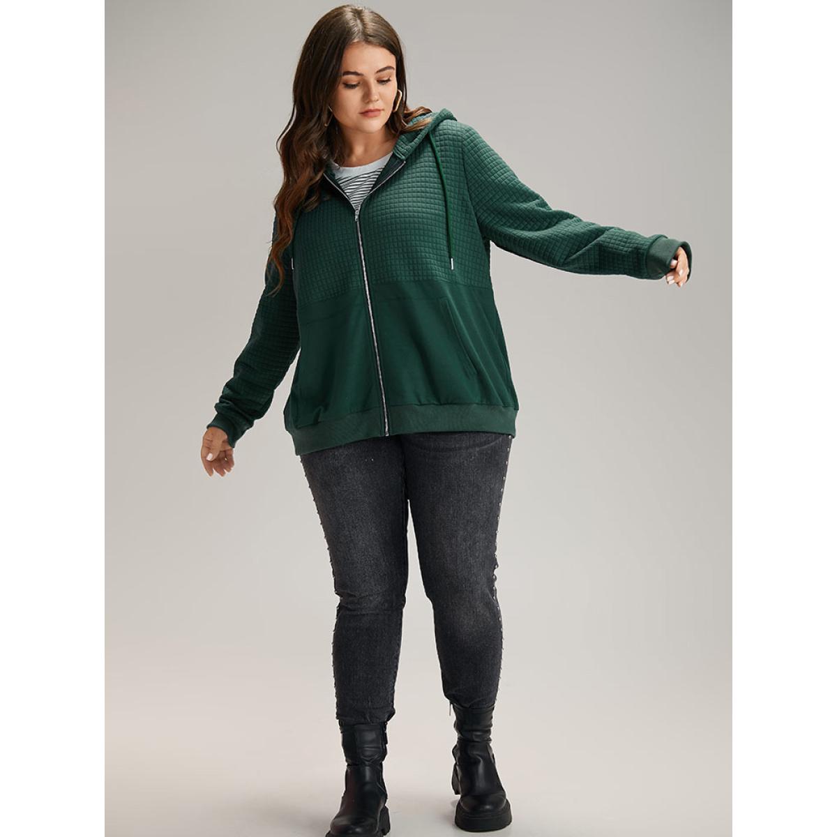 Plus Size Plain Texture Pocket Zipper, Sweatshirt Women DarkGreen Casual Elastic cuffs Hooded Dailywear Sweatshirts BloomChic 26/4X Product Image