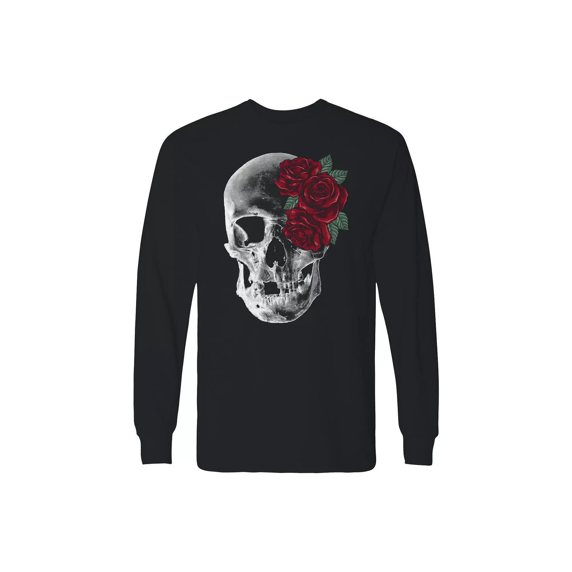 Men's Red Roses And Skull Long Sleeve Graphic Tee, Size: XXL, Black Product Image