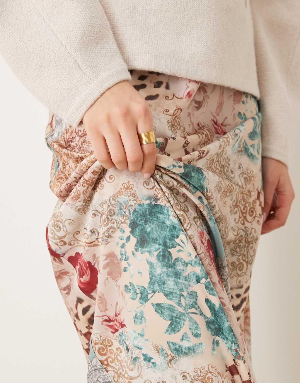 Miss Selfridge satin maxi skirt in patchwork print Product Image