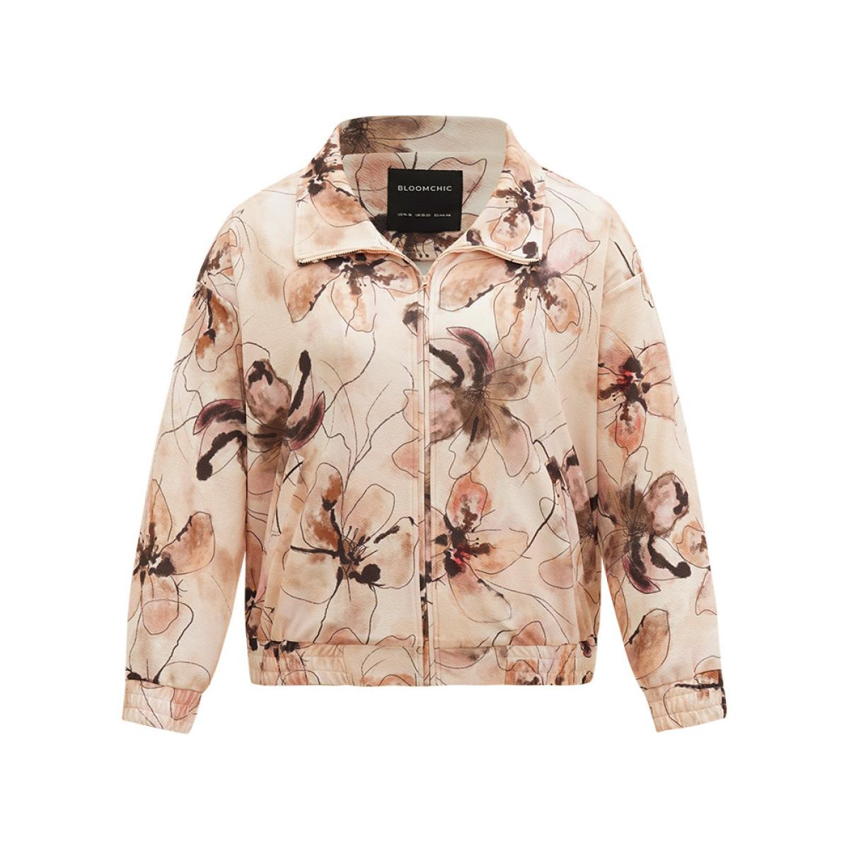 Plus Size Floral Zipper Gathered Elastic Cuffs Jacket Women Multicolor Elastic cuffs Pocket Dailywear Jackets BloomChic 22-24/3X Product Image