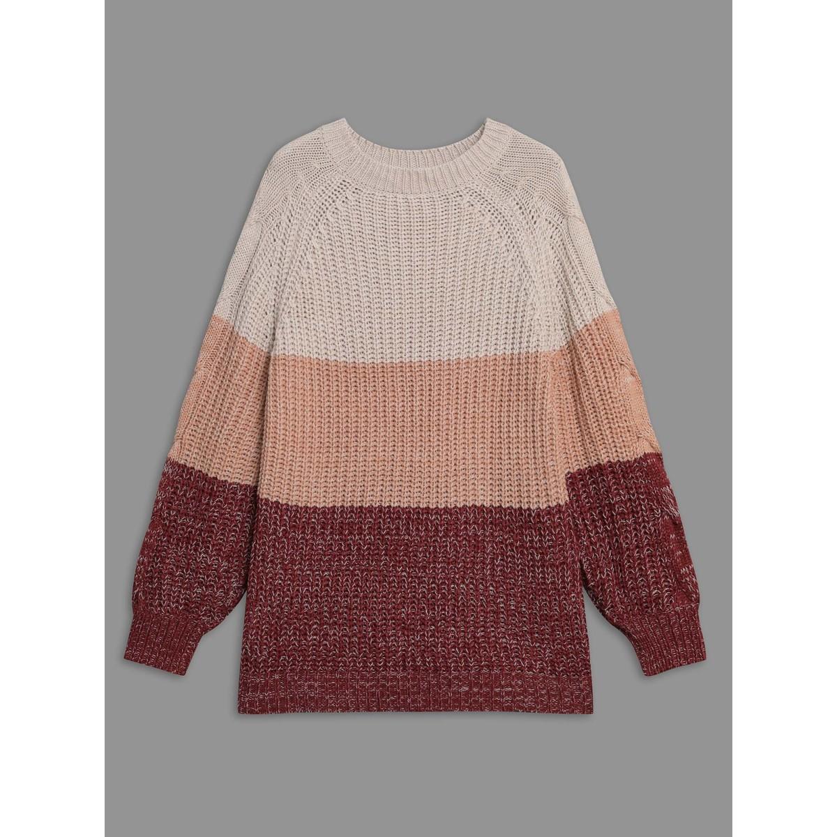 Plus Size Contrast Textured Cable Knit Pullover Rust Women Casual Loose Long Sleeve Round Neck Everyday Pullovers BloomChic 28/5X Product Image