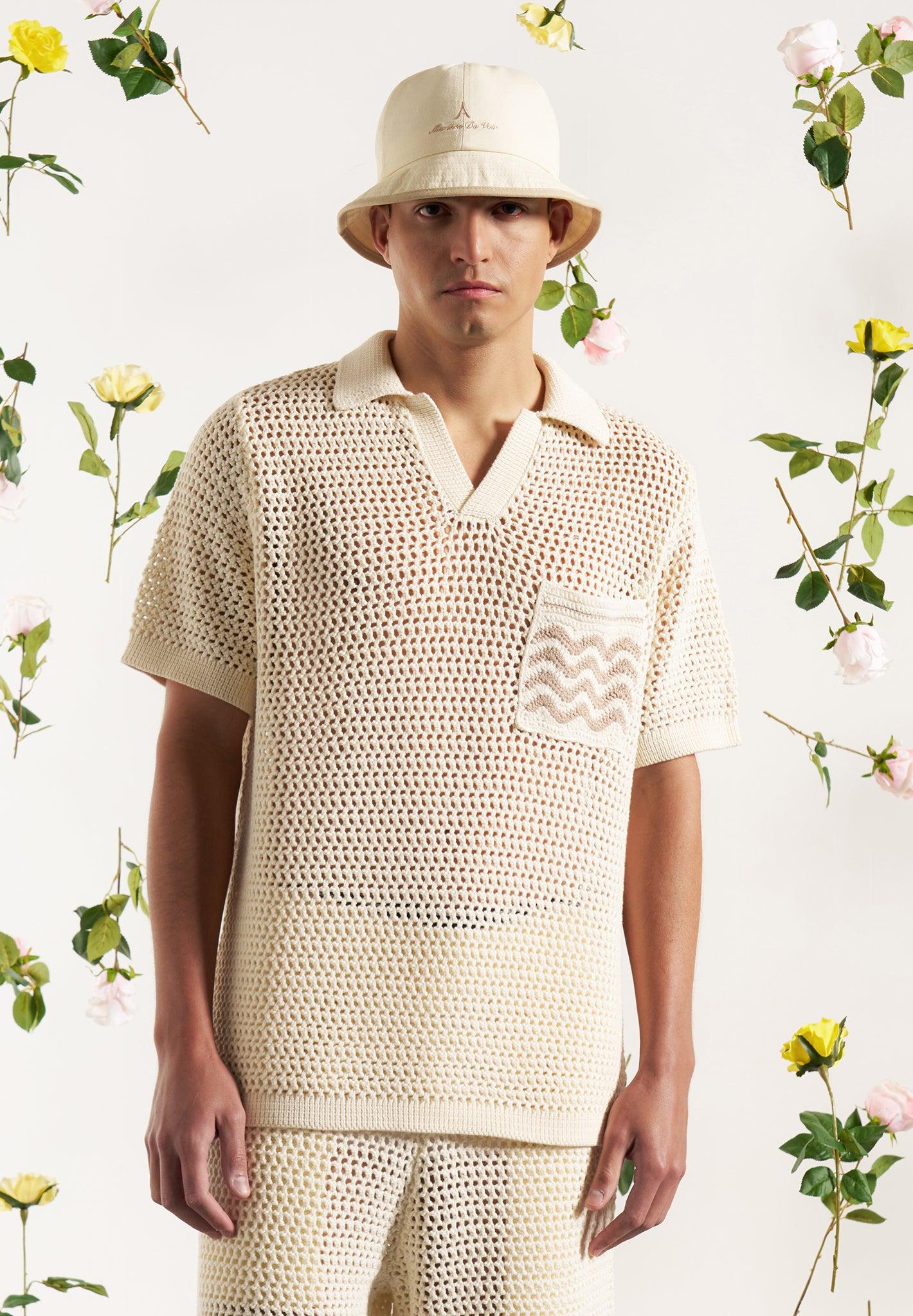 Crochet Knit Polo Shirt  - Cream Male Product Image