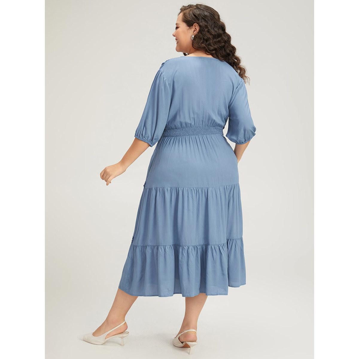 Plus Size Solid Shirred Stitch Layered Hem Ties Dress Stone Women Office Elastic cuffs Tie Neck Half Sleeve Curvy Midi Dress BloomChic 18-20/2X Product Image