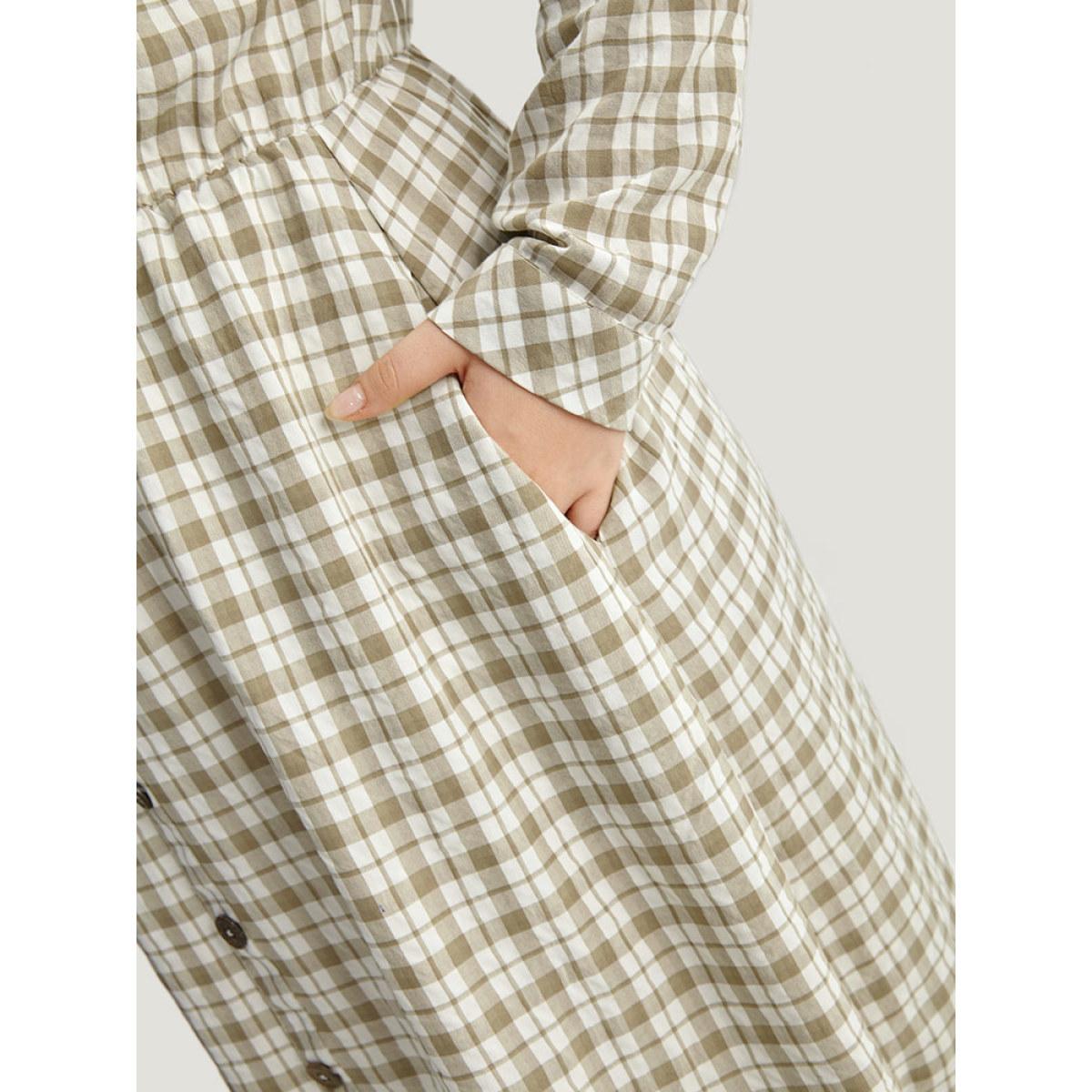 Plus Size Gingham Button Through Arc Hem Dress Sage Women Casual Printed Notched collar Long Sleeve Curvy Midi Dress BloomChic 26/4X Product Image